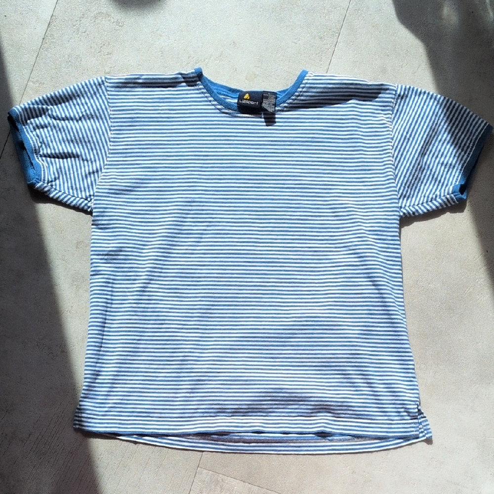 Vintage Women's Lizsport Blue & White Striped Short Sleeve Tee